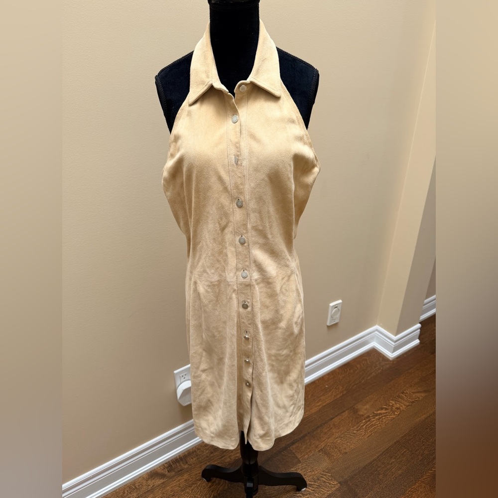 COACH Vintage Light Tan Suede Leather Halter Neck Button Up Dress Size 8 Med